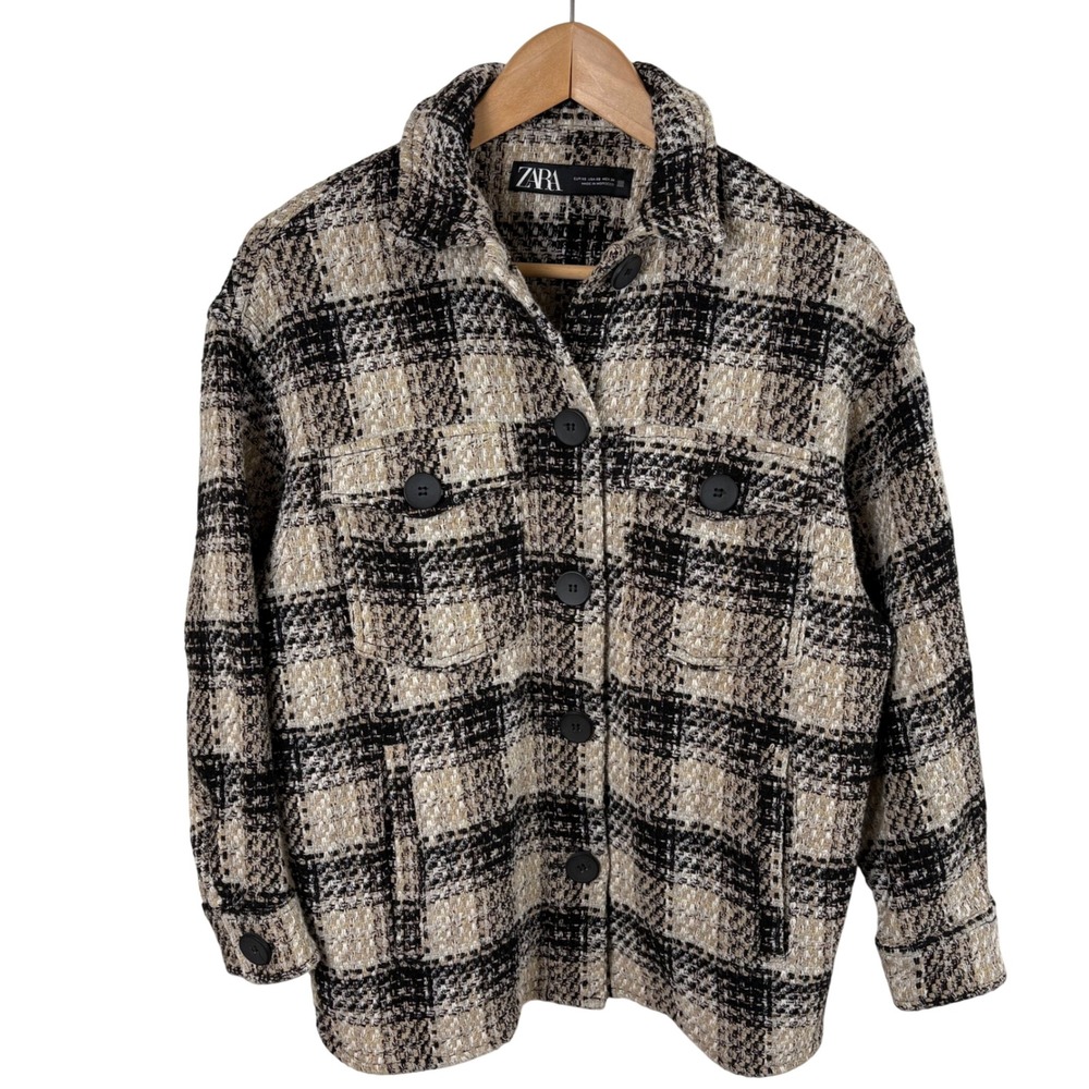 ZARA Plaid Shirt Jacket Shacket Oversized Women's XS Black Tan Cabincore Grunge